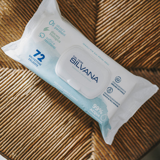 Salviettine delicate Silvana per neonati, cosmetici naturali bambini, 99% acqua, Made in Italy.