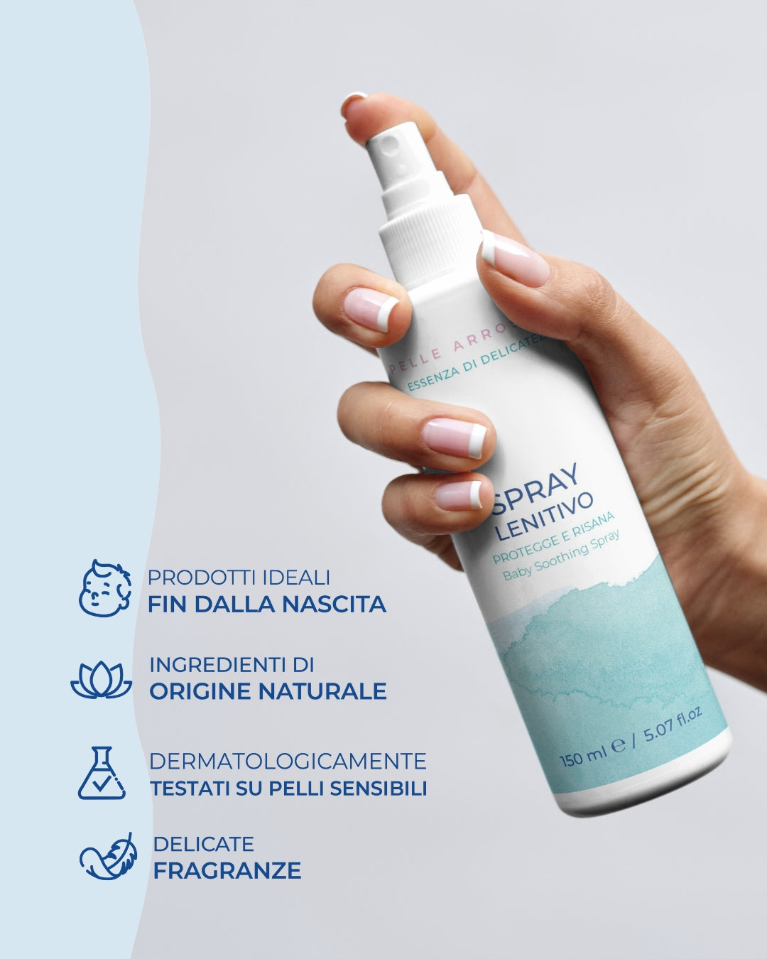 Spray lenitivo naturale per bambini, protegge e calma la pelle sensibile, cosmetici delicati