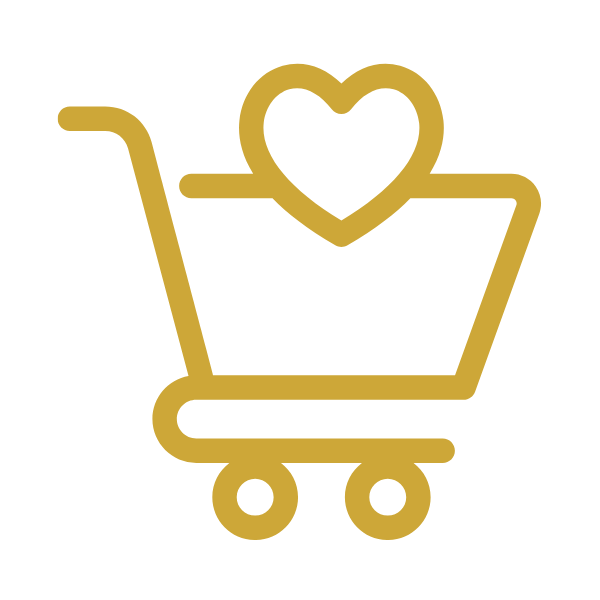 Icona carrello oro con cuore, simbolo acquisto prodotti delicati per pelli sensibili bambini