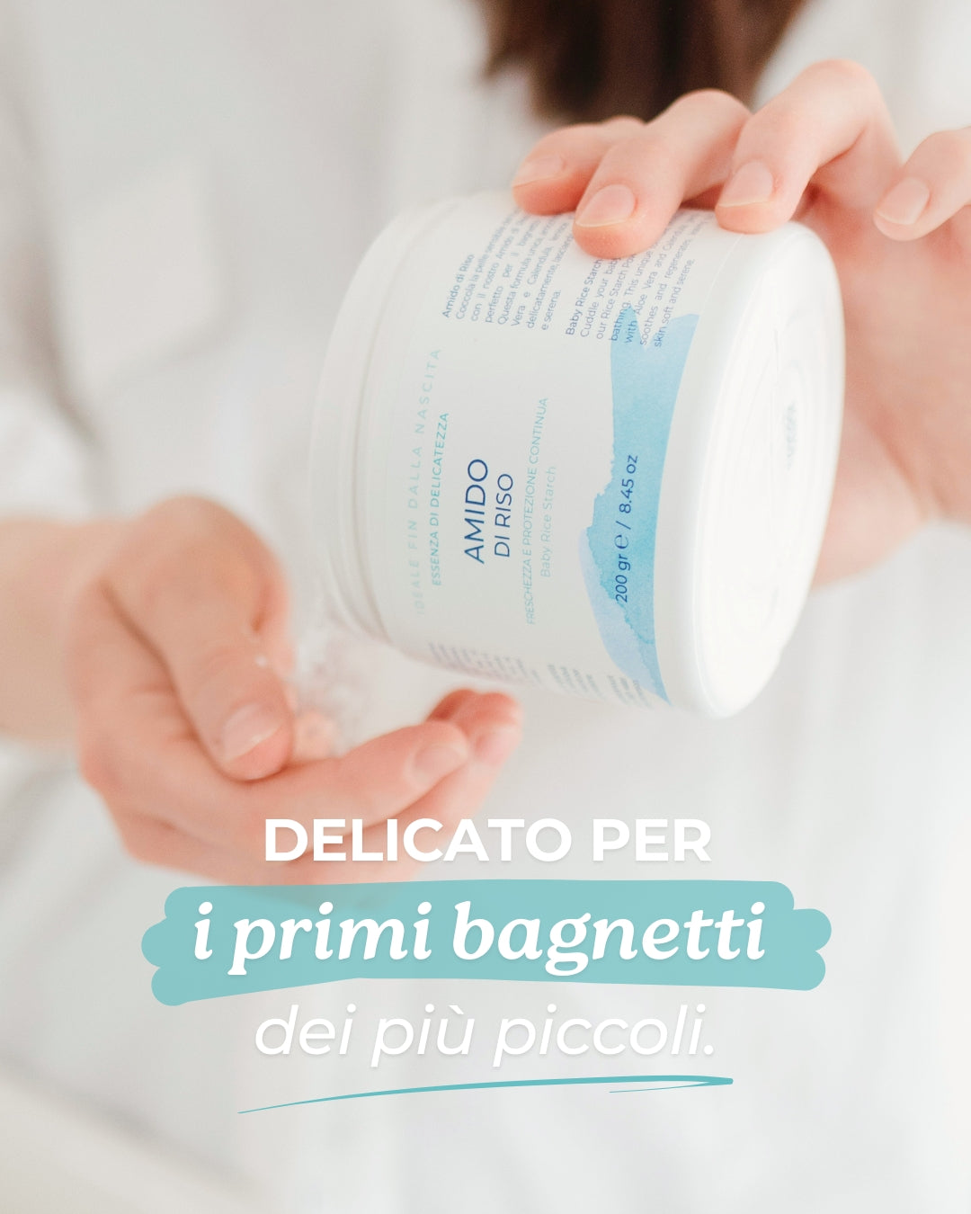 Amido di riso naturale per neonati, lenitivo e delicato sulla pelle sensibile, crema Made in Italy.