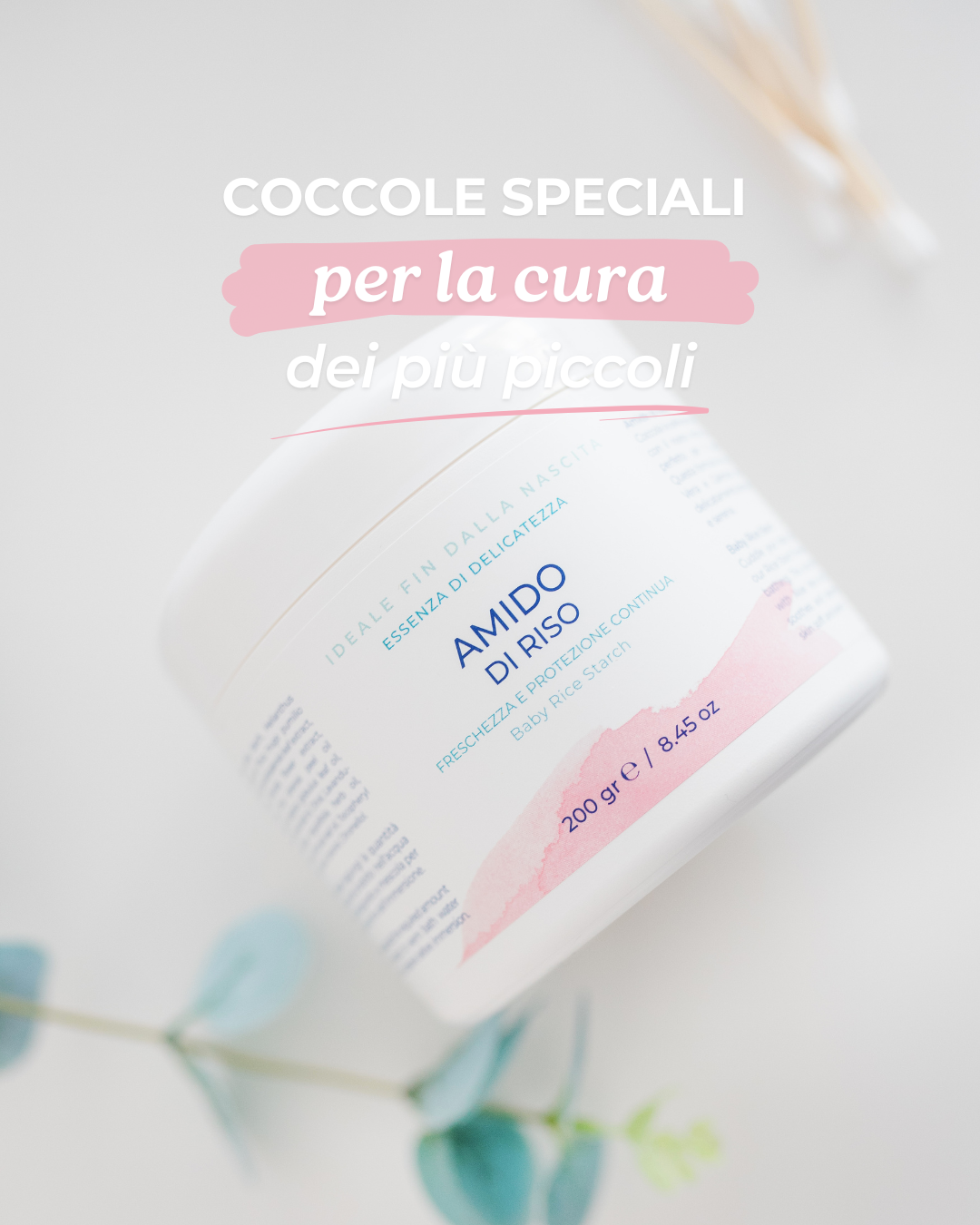 Amido di riso naturale per bambini, delicato sulle pelli sensibili, crema neonato Made in Italy.
