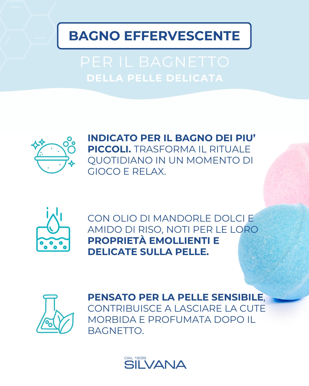 Bagno effervescente Silvana, cosmetici naturali bambini, delicato per pelli sensibili, Made in Italy.