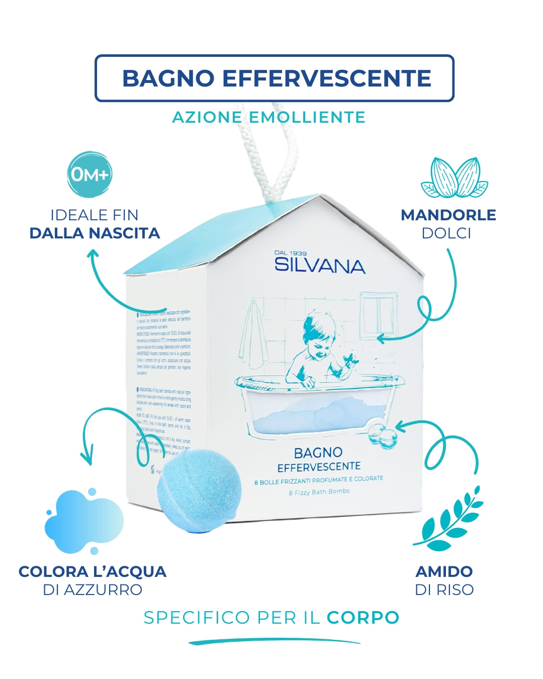 Bagno effervescente Silvana con mandorle dolci, amido di riso per neonati, pelli sensibili, Made in Italy
