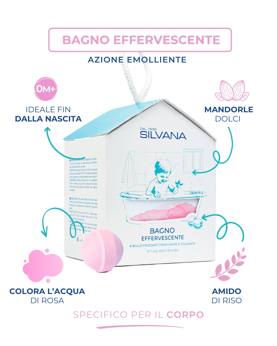 Bagno effervescente delicato Silvana, cosmetici naturali bambini, idrata e colora l’acqua rosa, Made in Italy.