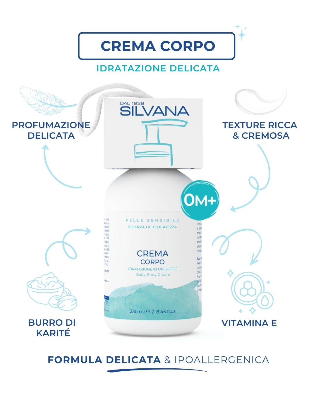 Crema corpo Silvana con burro di karité, vitamina E, cosmetico naturale per bambini e pelli sensibili Made in Italy