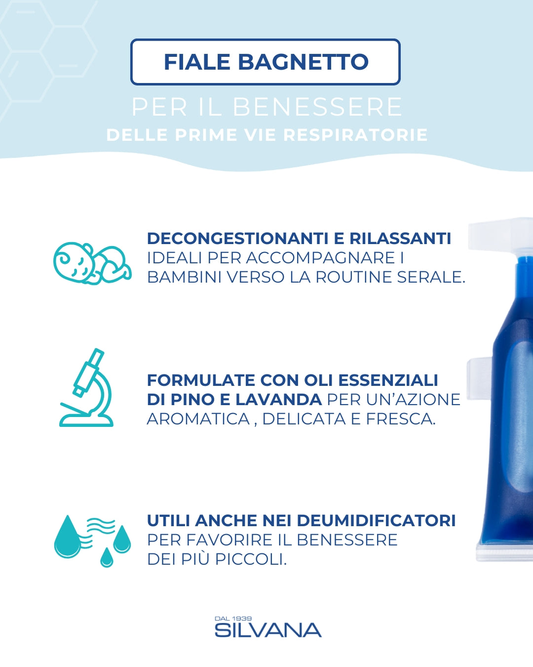 Fiala bagnetto Silvana con oli essenziali naturali, decongestionante per neonati, Made in Italy.