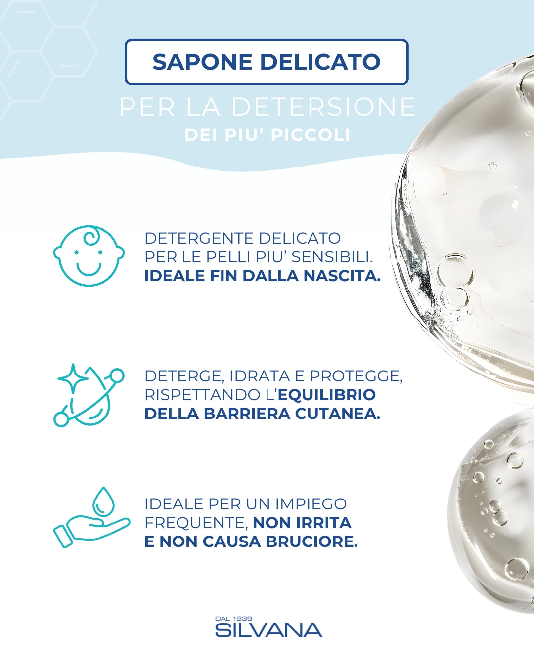 Sapone delicato Silvana per neonati e bambini, cosmetico naturale, ideale per pelli sensibili, Made in Italy.