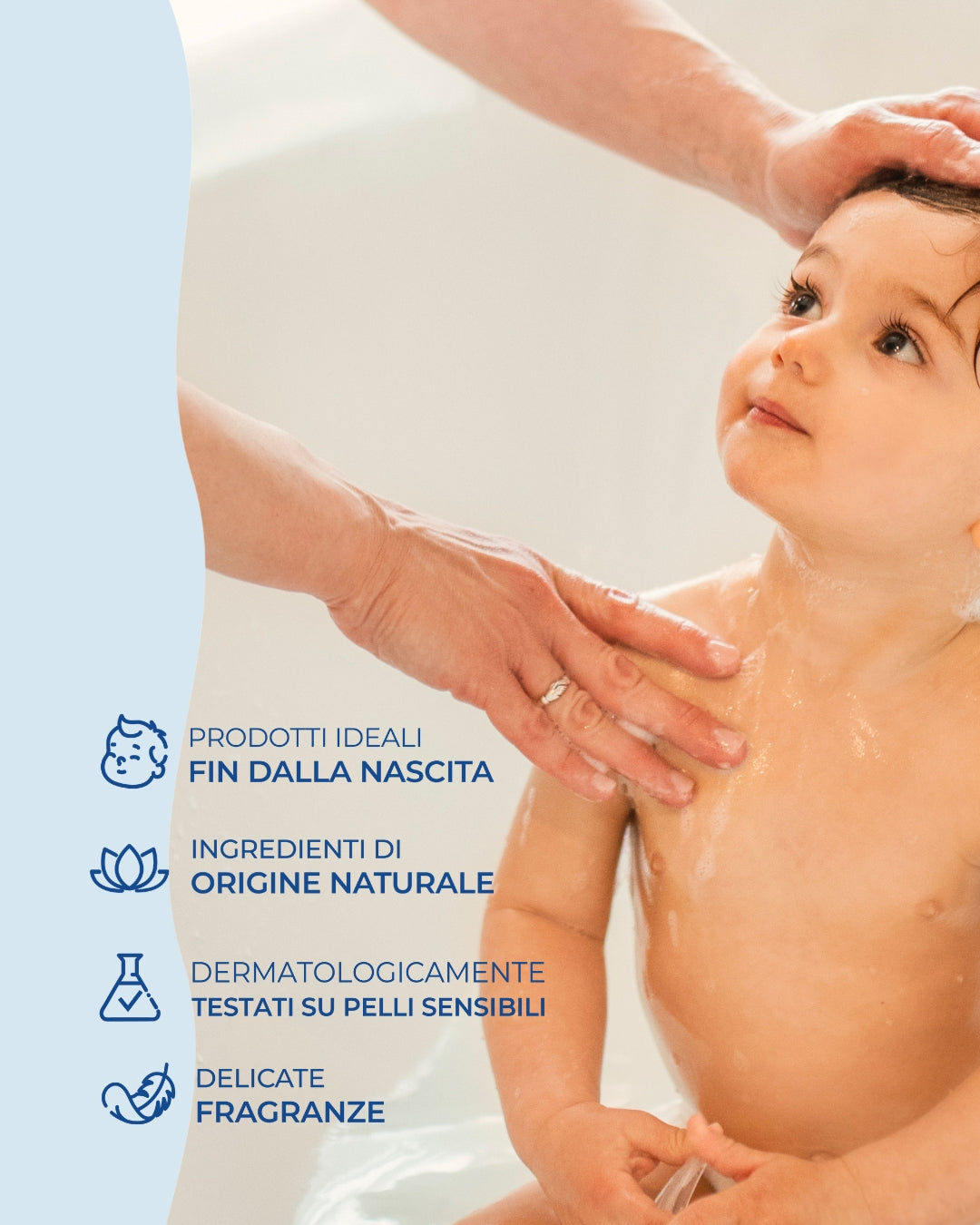 Bagnetto di un neonato con detergente naturale Silvana, ideale per pelli sensibili, Made in Italy.