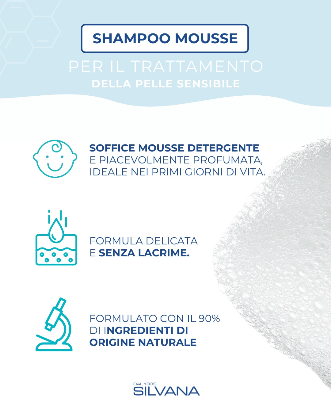 Shampoo mousse Silvana per bambini, formula naturale e delicata per pelli sensibili, Made in Italy.