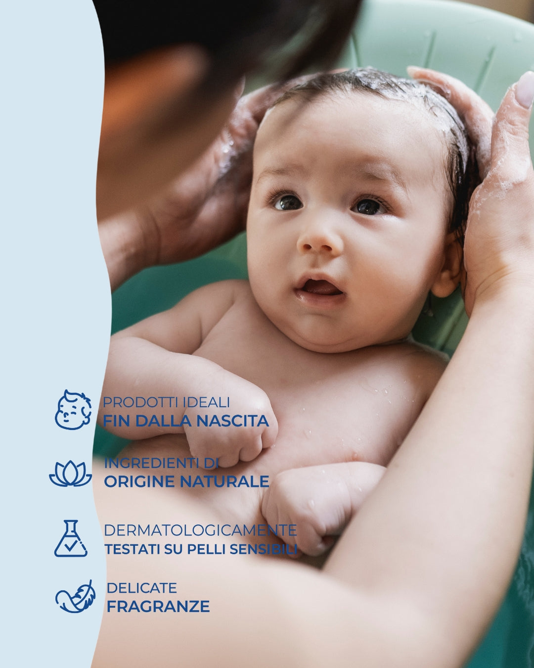 Neonato durante il bagnetto con shampoo mousse naturale Silvana, ideale per pelli sensibili, Made in Italy.