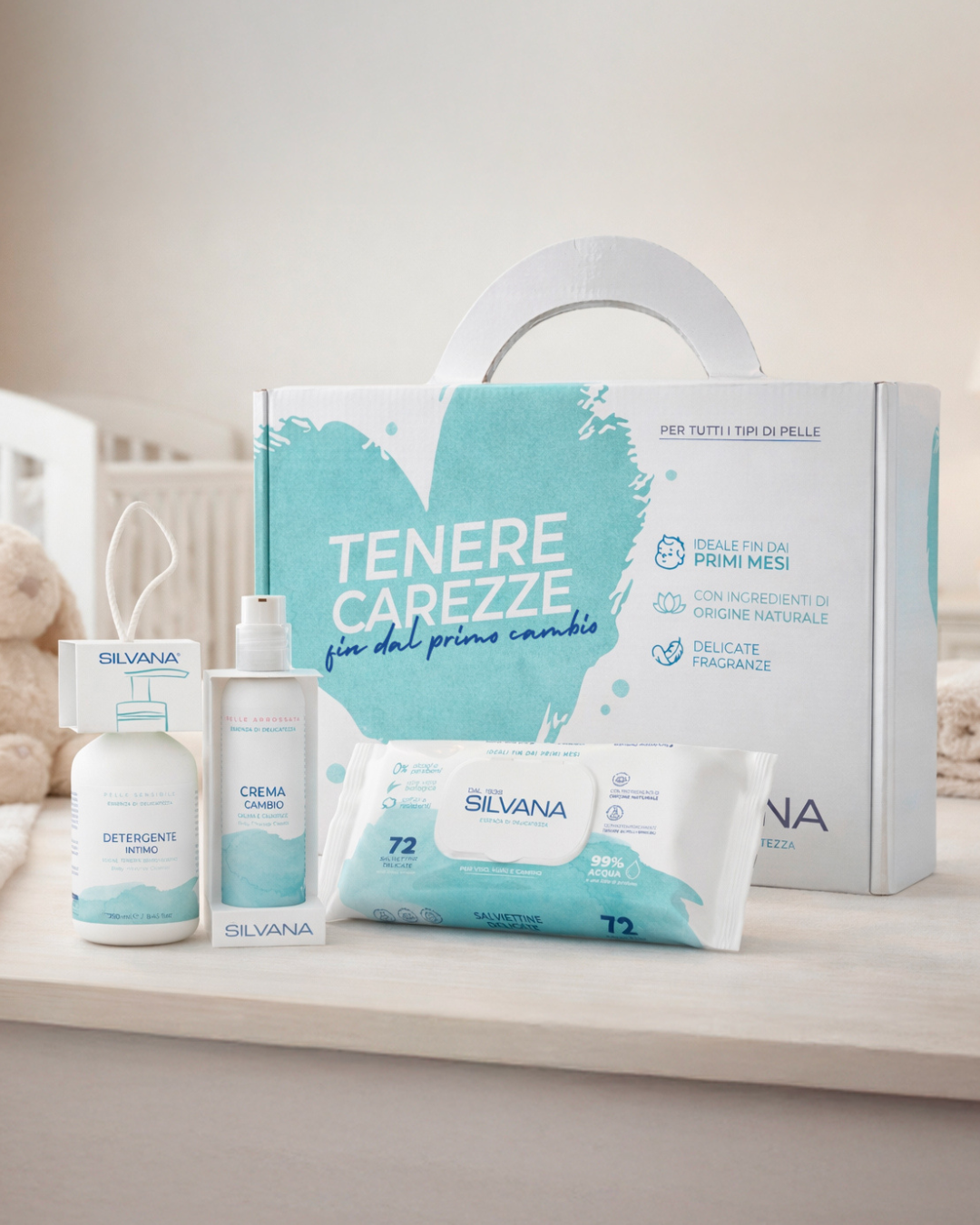 Kit Silvana cosmetici naturali per bambini: crema neonato e detergente, prodotti delicati pelli sensibili.